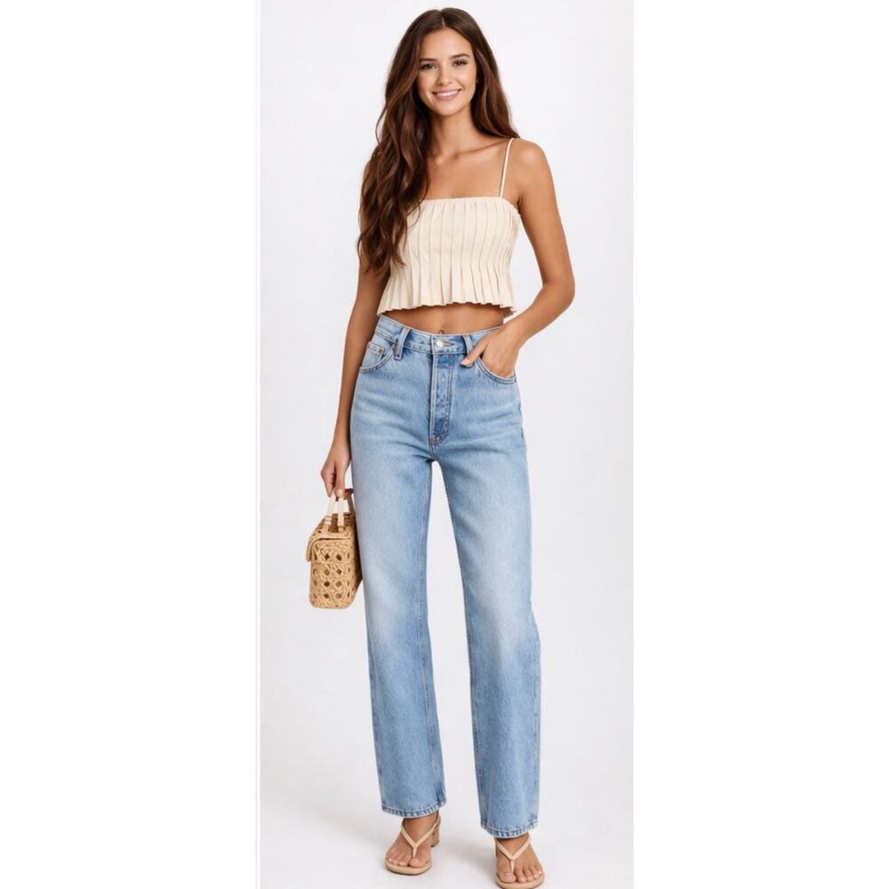 Re/Done Blue High Rise Loose Jeans 60s Faded Vintage Straight Leg Size 29